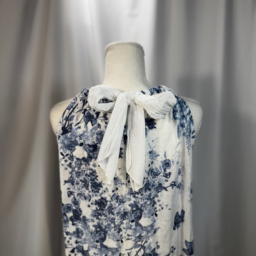 Italian Linen Trapeze Dress Ecru Blue Toile Floral Tie Neck Lined S/M Resort - Picture 4 of 14